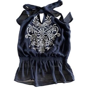1254 Embroidered Cache Navy Blue Halter Top
